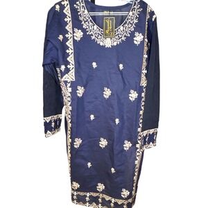 Panache Apparel Large Women Navy Blue Embroidered Long Sleeve Kurti Tunic NEW